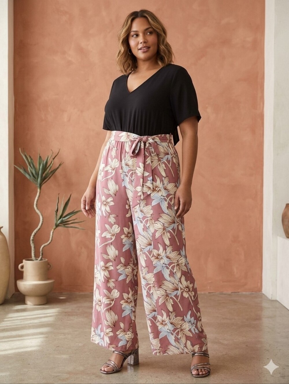 Bloomchic Floral Tie-Waist Wide-Leg Jumpsuit Dusty Rose And Black